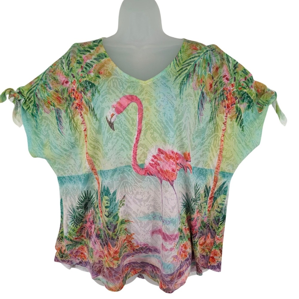 Ellen Negley Flamingo Tropical Top XXL Tie Sleeve Coastal Art Watercolor Resort